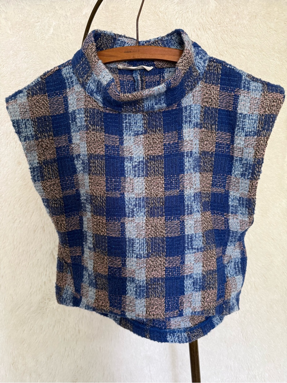 Blue Tassel Sleeveless Mock Neck Tweed Knit Muscle Vest in Blue and Brown (S)
